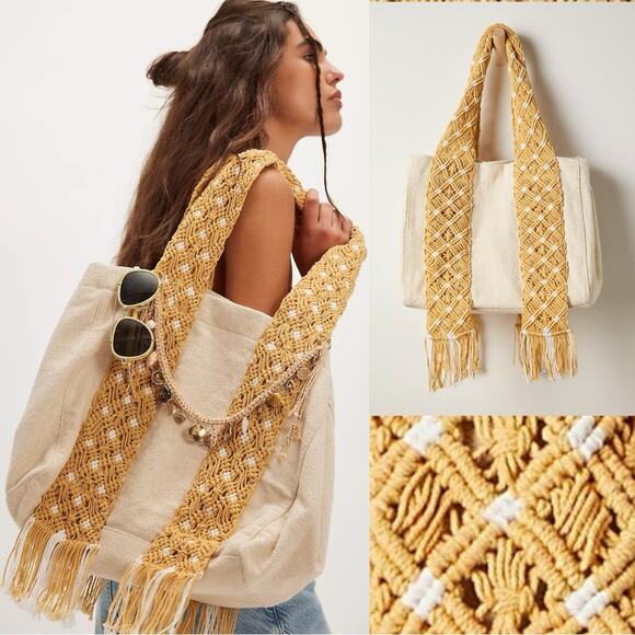 Free People Handbags - Free People Bohemian Retro 70s Mia Canvas Macrame Strap Tote Bag NWT XL Fringe